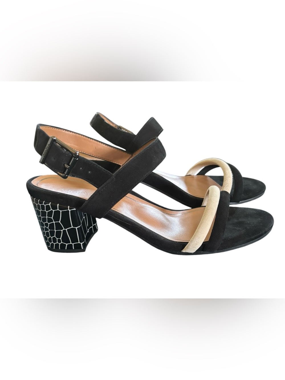 Vionic Paula Suede Croc Strappy Sandal Sz 9 Black/Cream 2.5 Block Heel Dressy